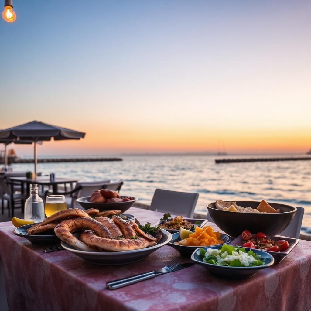 Fish taverna table by the sea in Larnaca at sunset