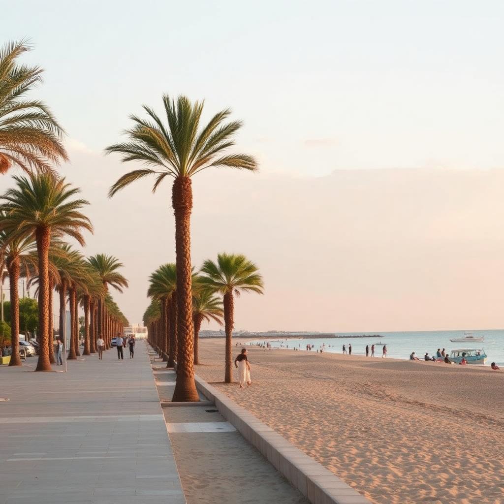 Palm trees along Finikoudes promenade and beach in Larnaca