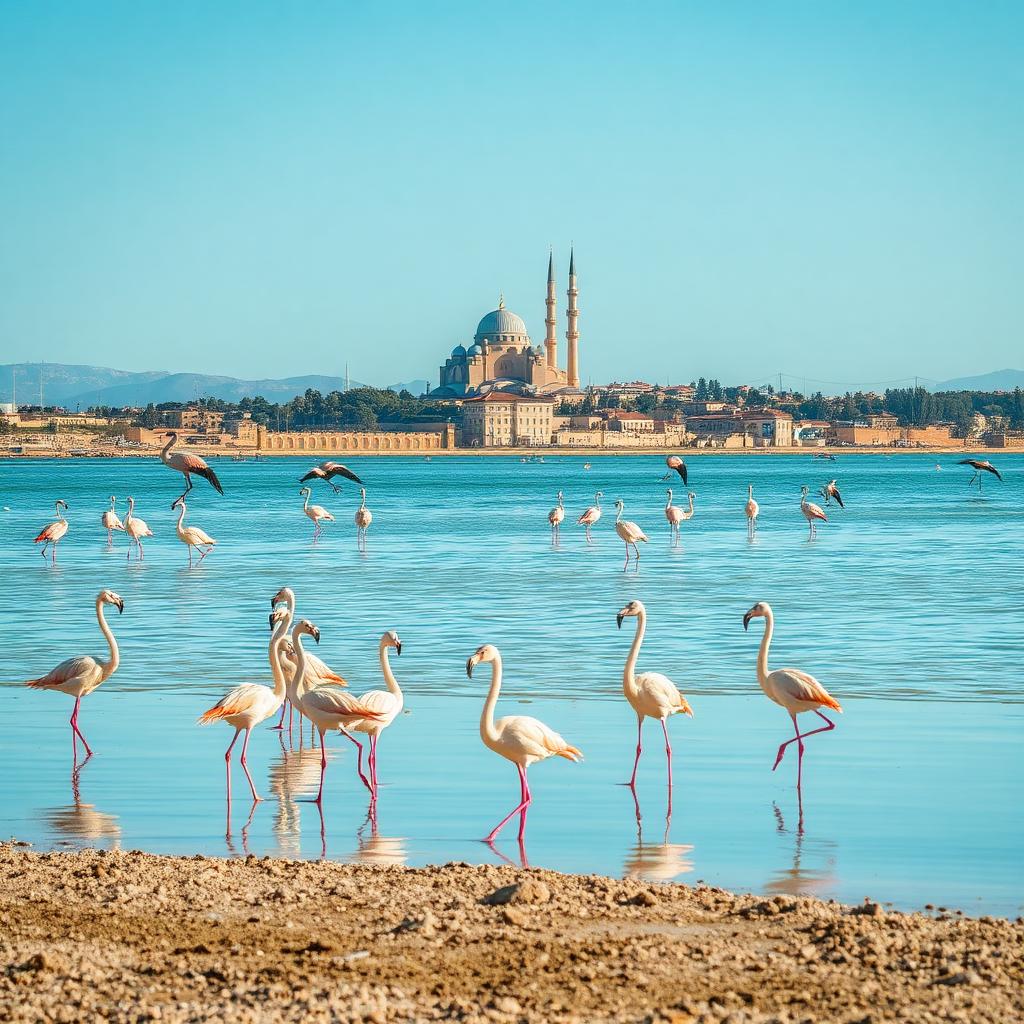 Pink flamingos on Larnaca Salt Lake with Hala Sultan Tekke behind