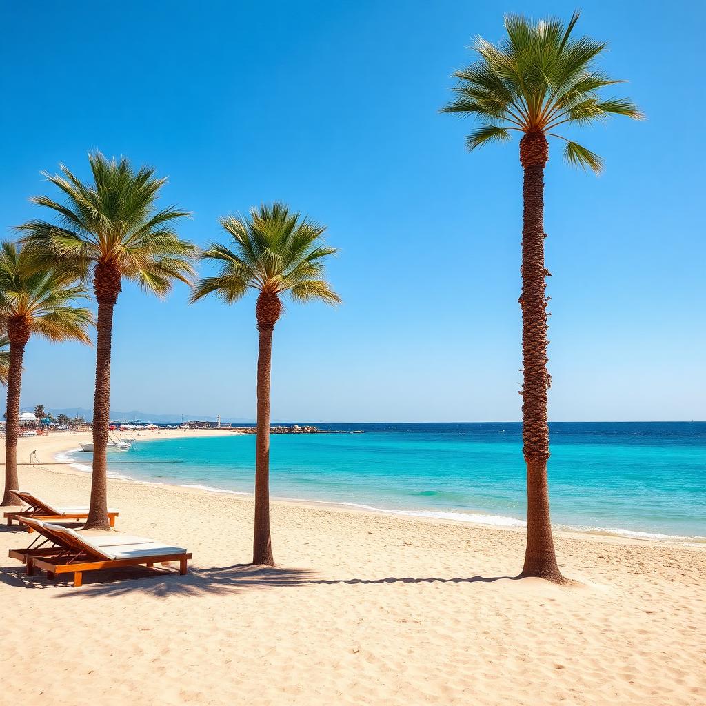 Sandy beach with palm trees and turquoise sea in Limassol