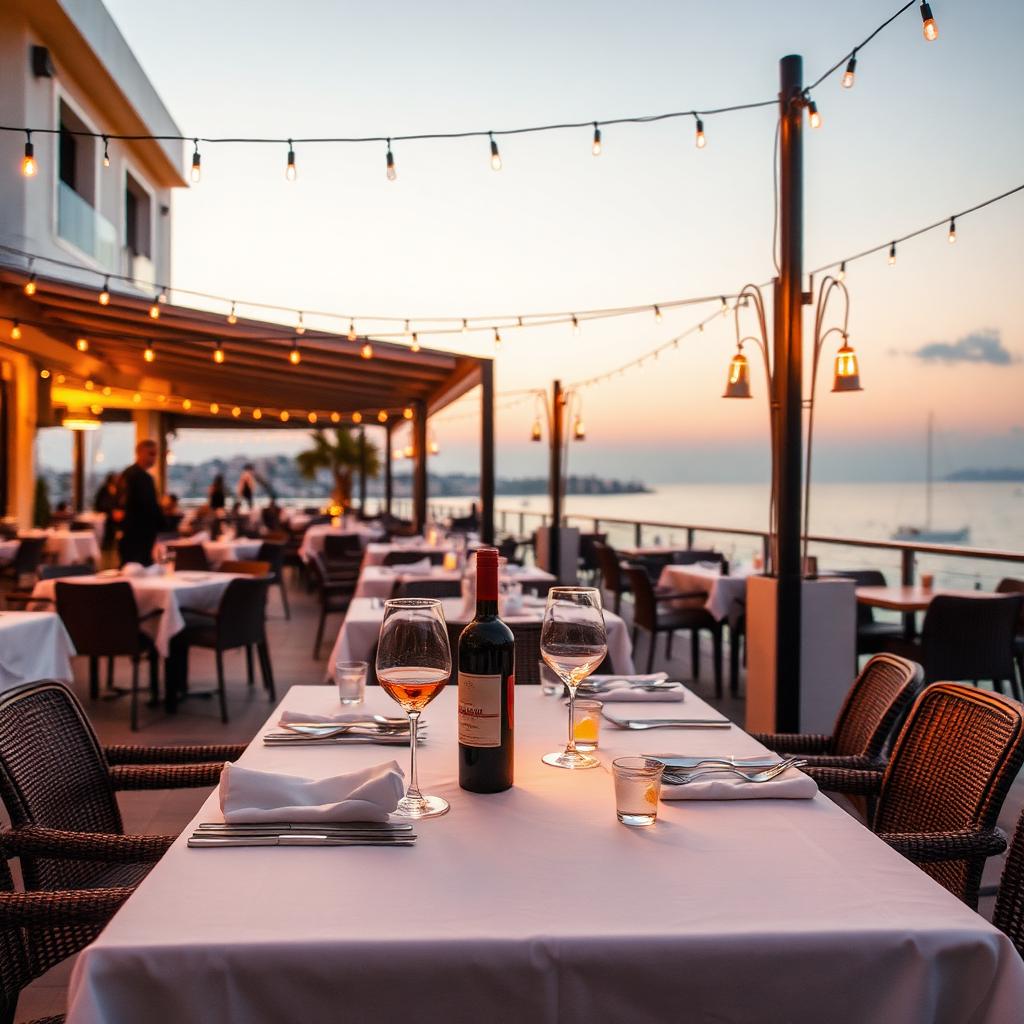Seaside restaurant terrace in Limassol at sunset