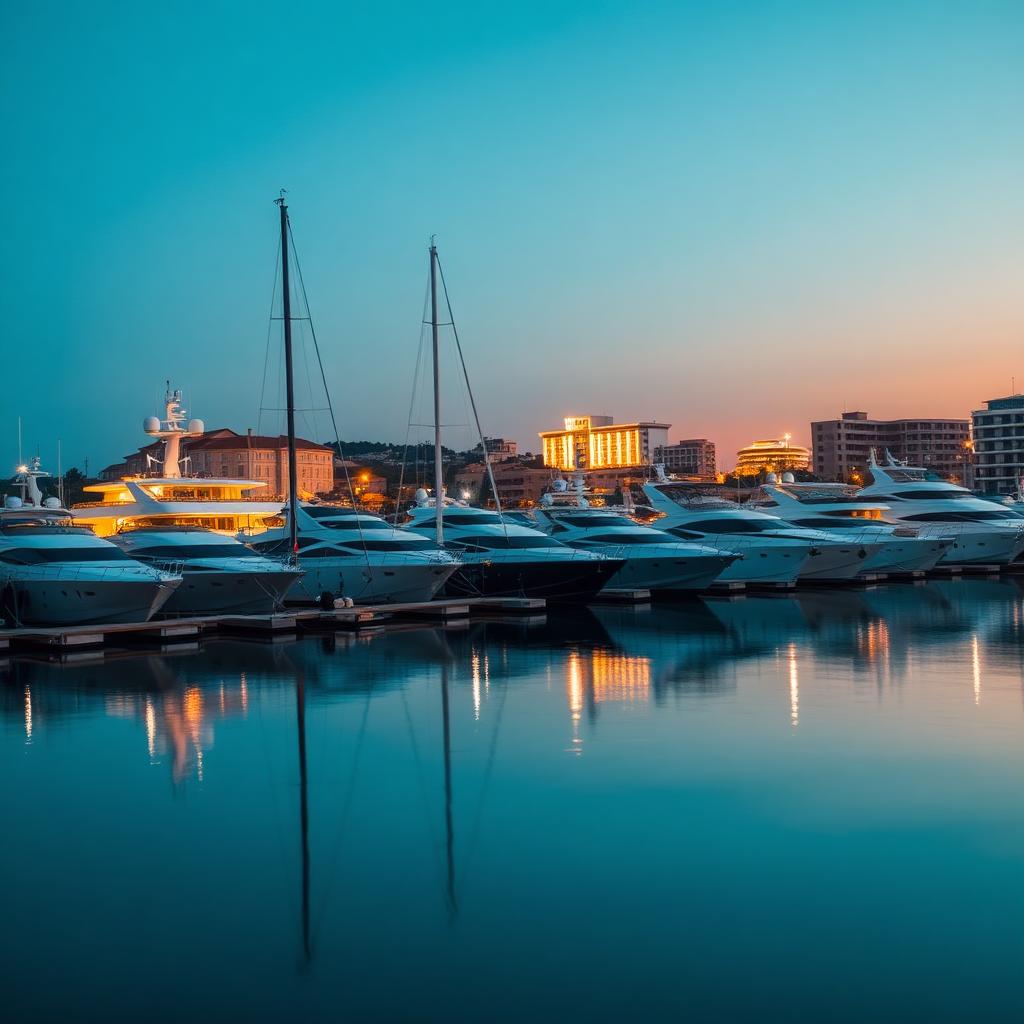 Luxury yachts docked at Limassol marina at blue hour