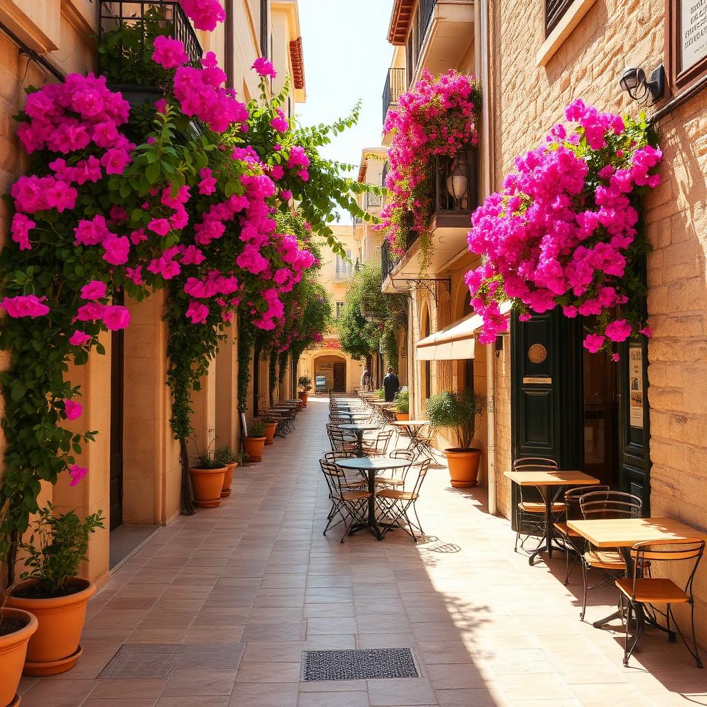 Charming old town street in Limassol with bougainvillea and cafés