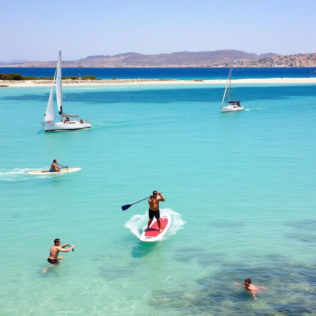 People paddleboarding and sailing in clear Mediterranean waters near Limassol
