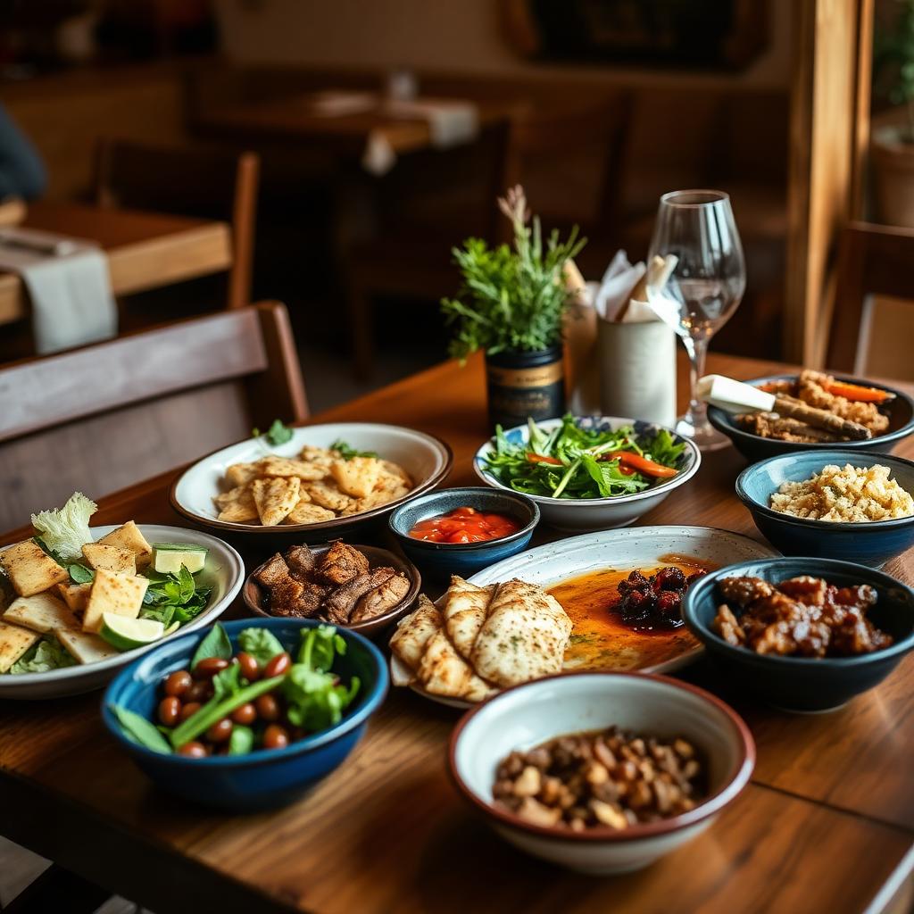 Traditional Cypriot meze spread on a wooden table in Nicosia