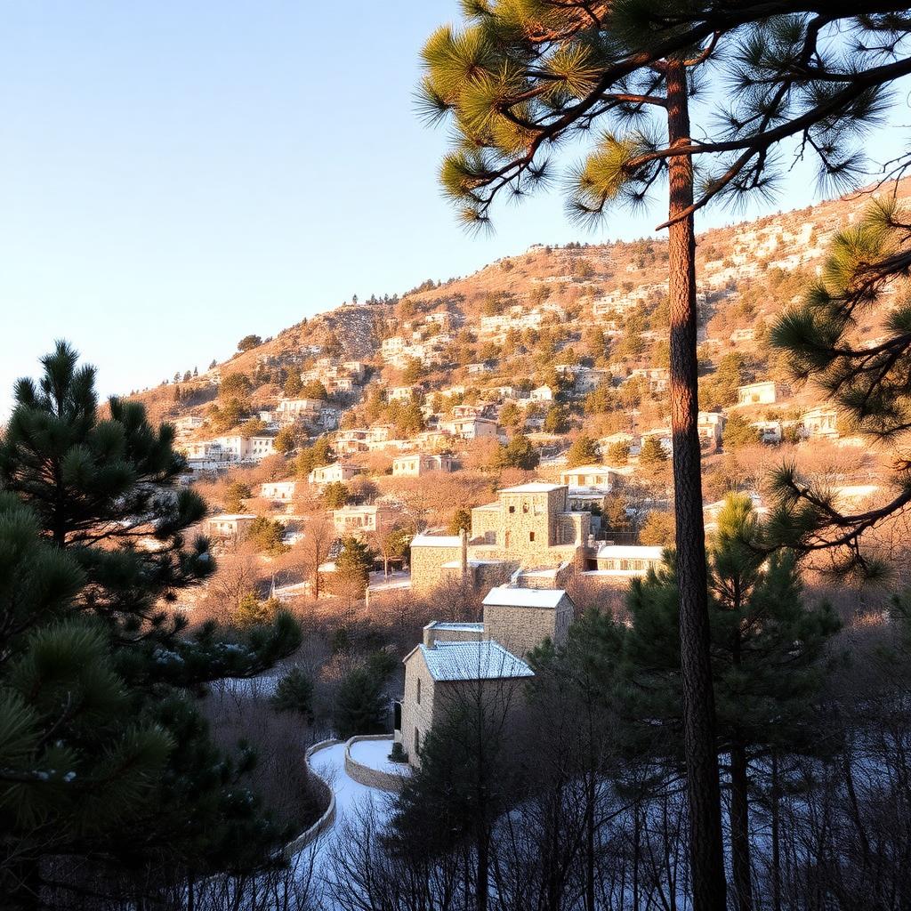 Troodos mountain village with pine trees and stone houses