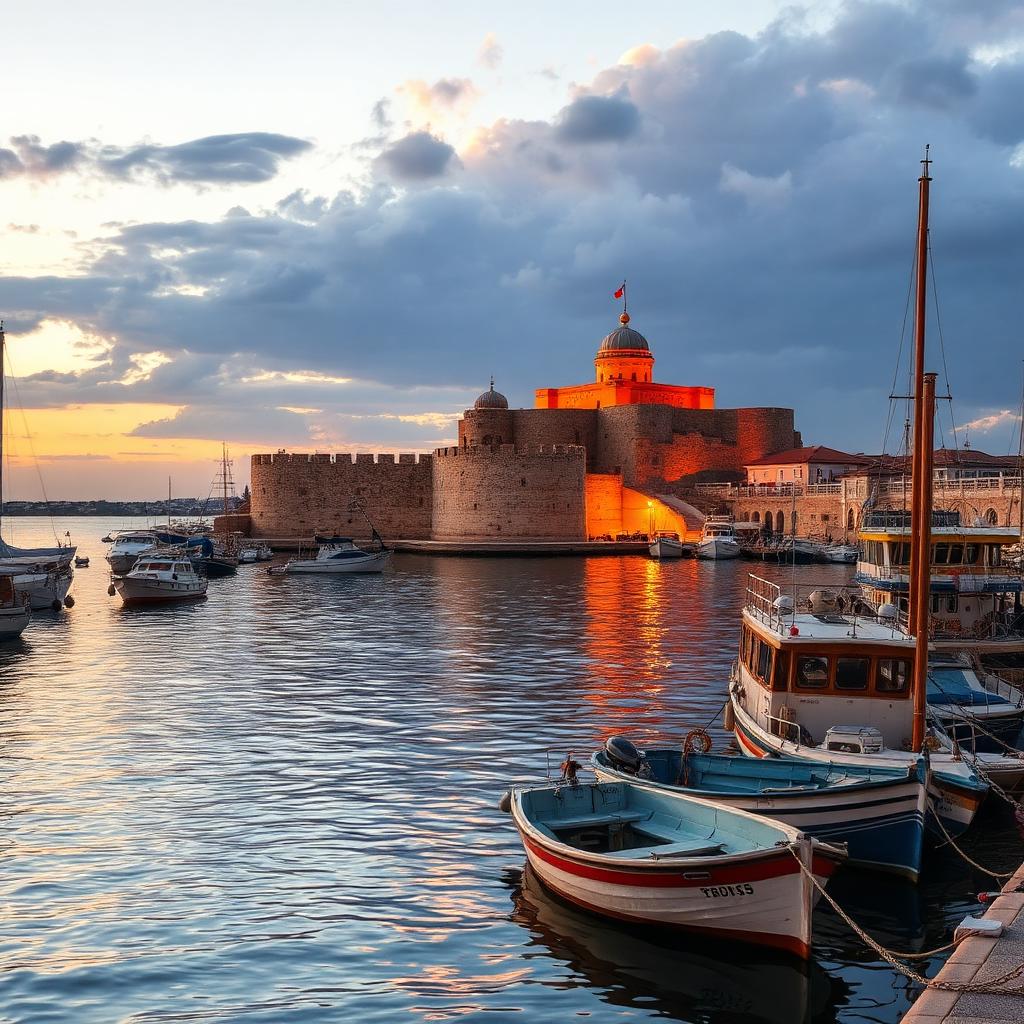 Paphos harbour and medieval castle at sunset