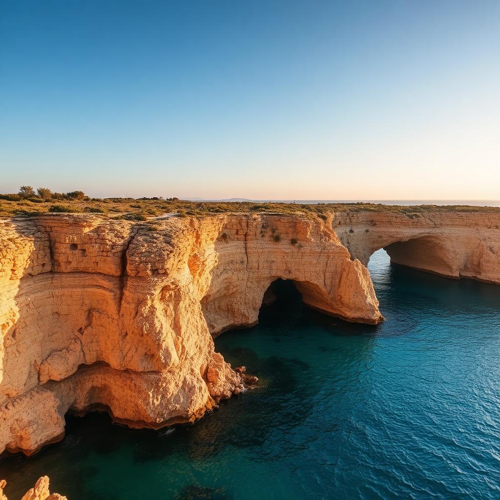 Sea Caves and coastal cliffs near Paphos at golden hour
