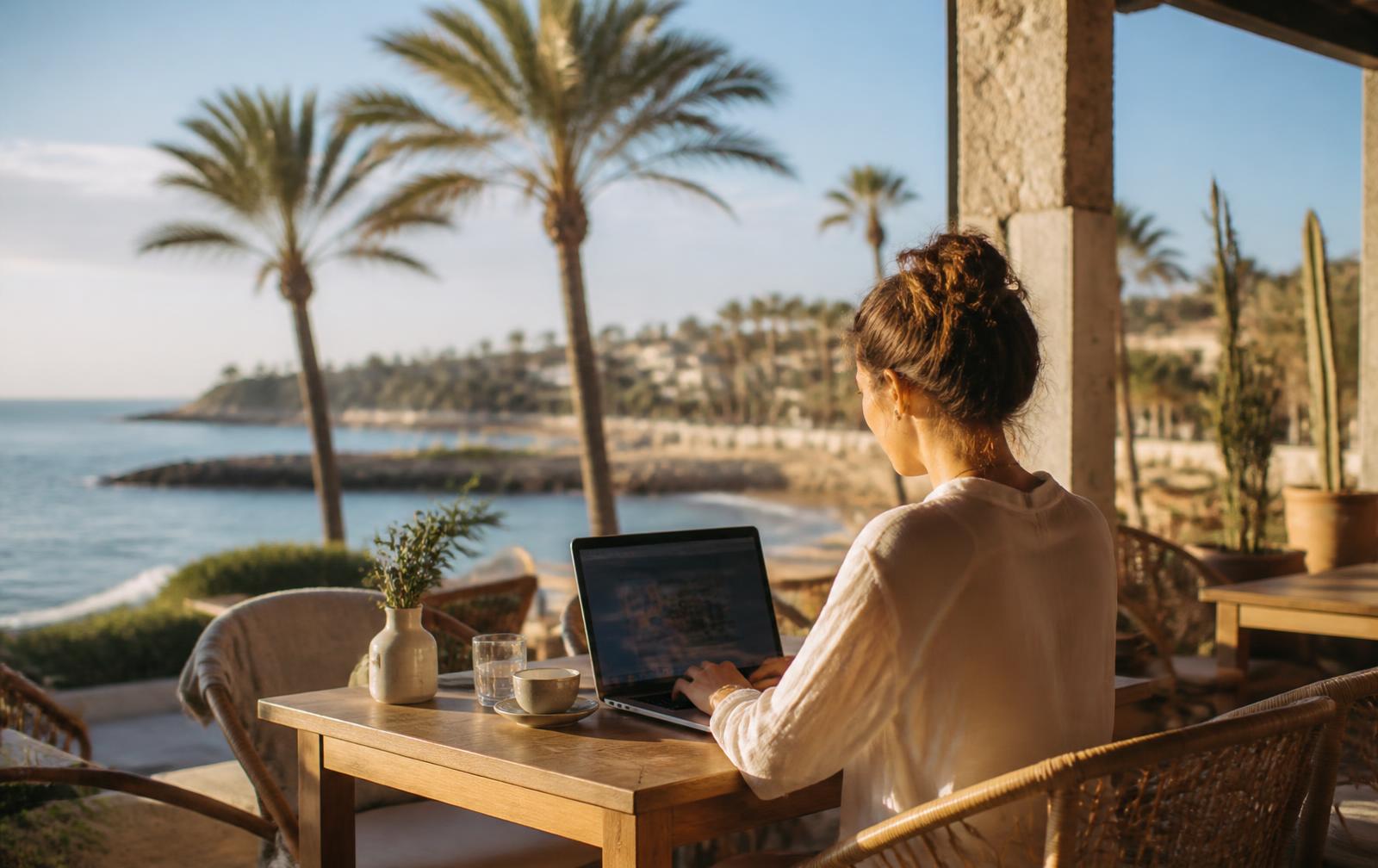 Remote worker with a laptop on a seaside terrace in Cyprus